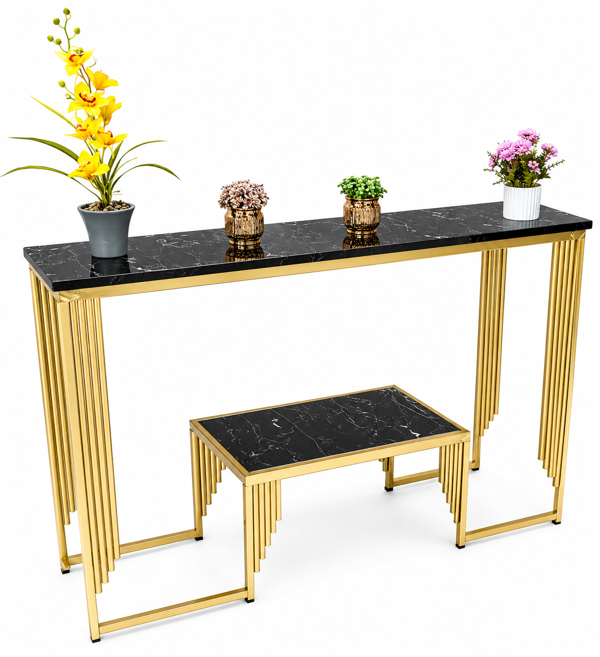 Saas Flow console table with a gold metal base and white marble top - Image 3