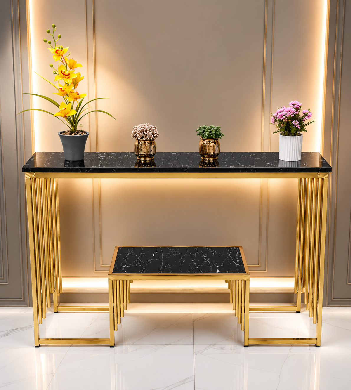 Saas Flow console table with a gold metal base and white marble top - Image 2