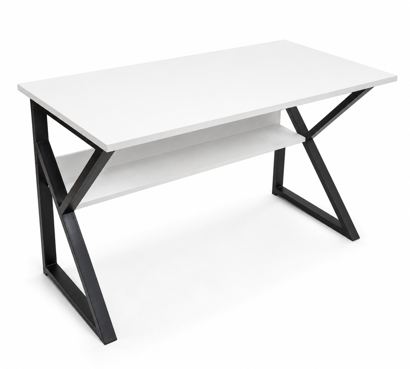 Modern white office desk with black metal X-frame legs and open storage shelf.