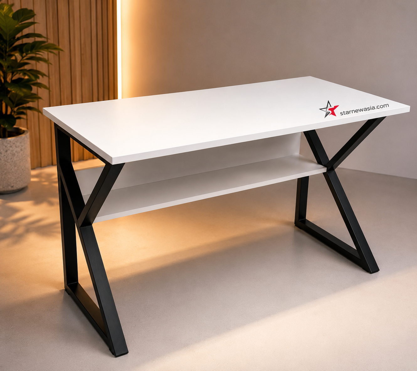 Modern white office desk with black metal X-frame legs and open storage shelf.