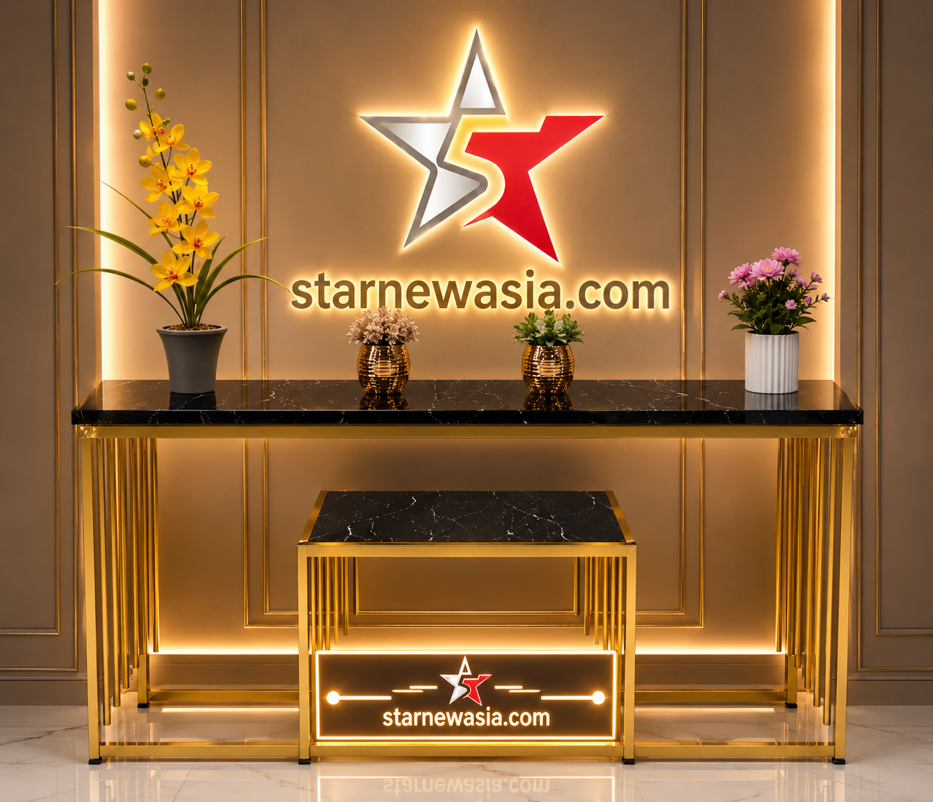 Saas Flow console table with a gold metal base and white marble top
