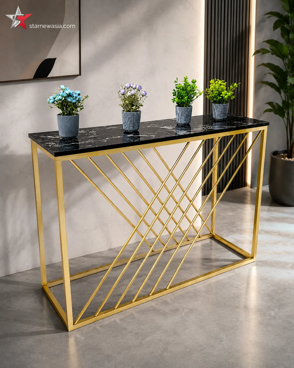 Luxury Geometric Crossbar Gold Console Table - Image 3