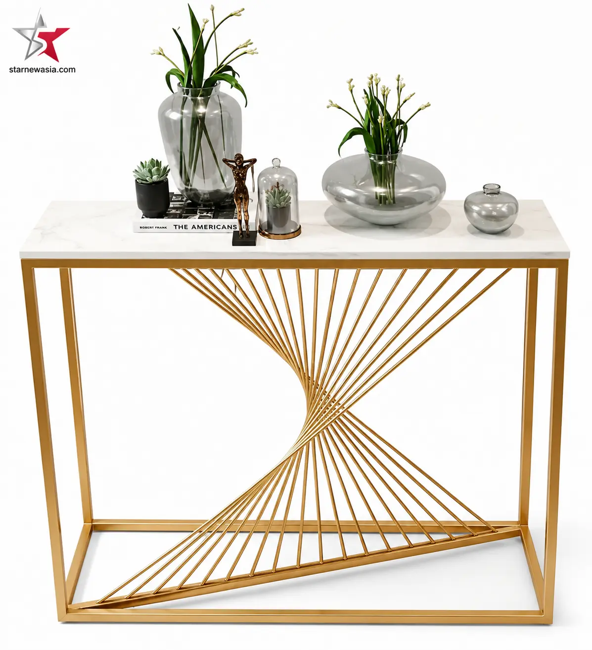 starnewasia.com watermark on a gold geometric spiral console table with a white marble top, styled with botanical glass vases and books.