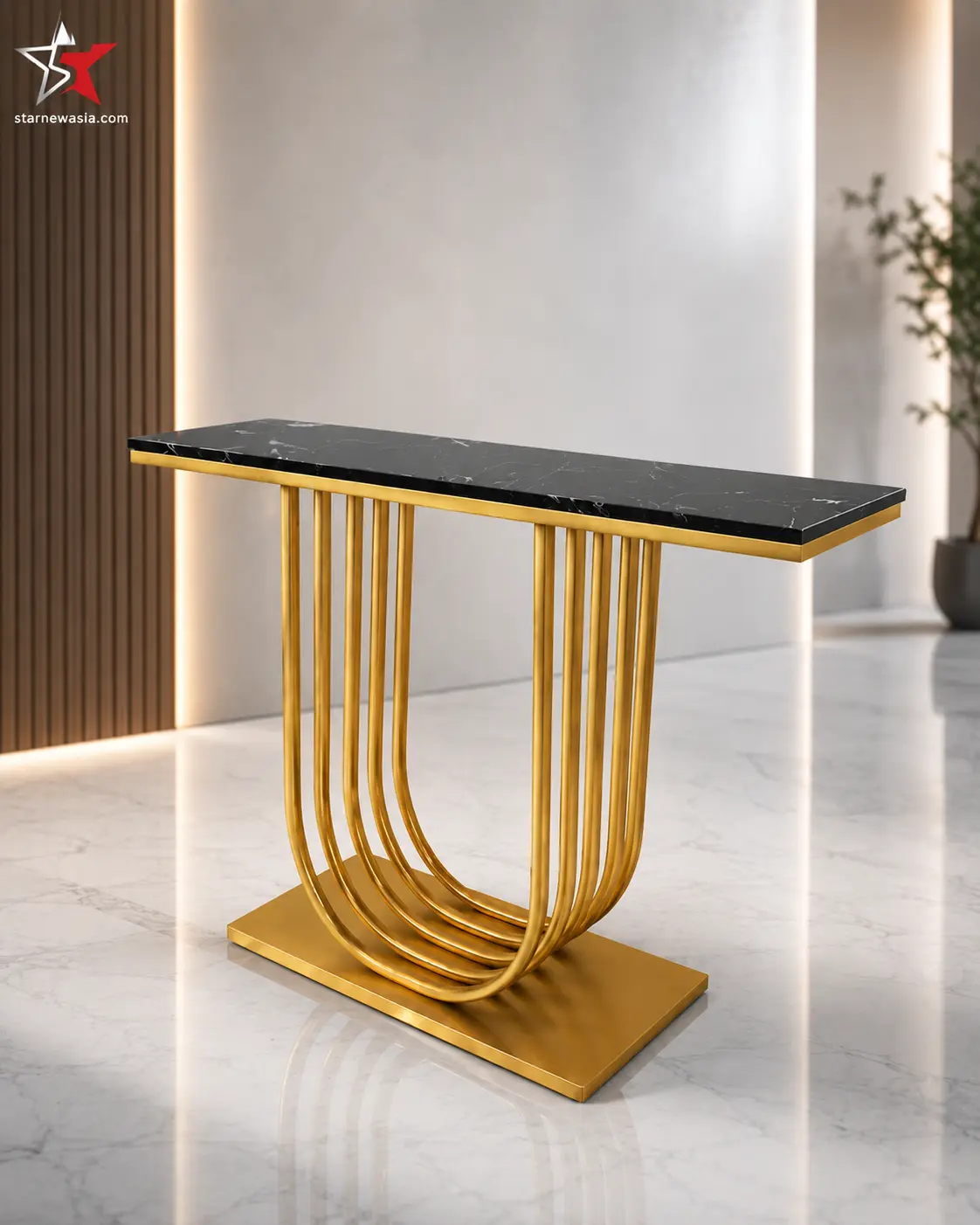 Luxury Black Marble Console Table with U-Shaped Gold Base - Image 3
