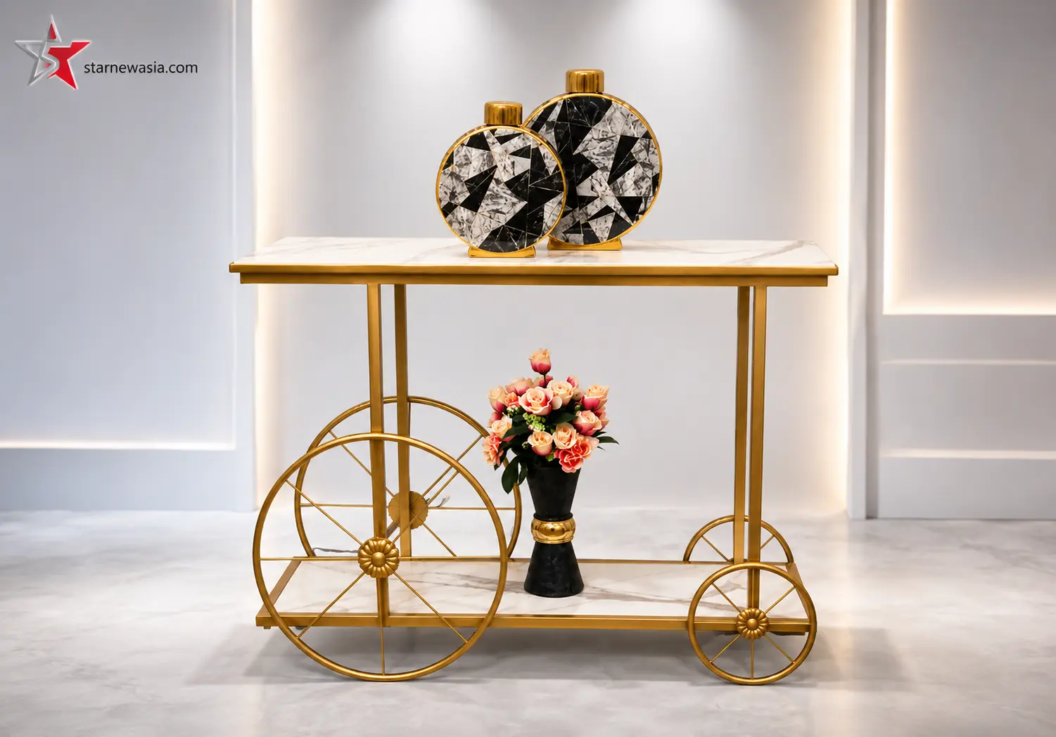Luxury Gold Two-Tier White Serving Cart - Image 2