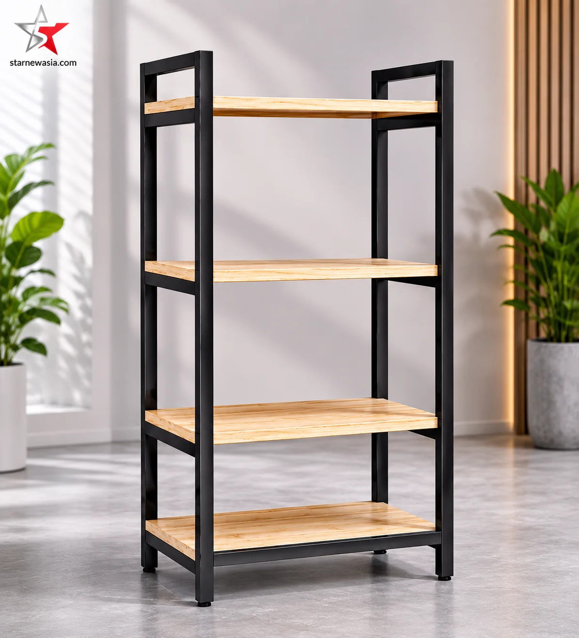 starnewasia.com watermark on an industrial wood metal bookshelf with a bold black steel frame and four natural light-wood grain open shelves.
