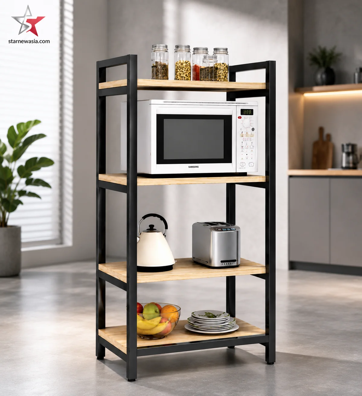 starnewasia.com watermark on an industrial wood metal bookshelf with a bold black steel frame and four natural light-wood grain open shelves.