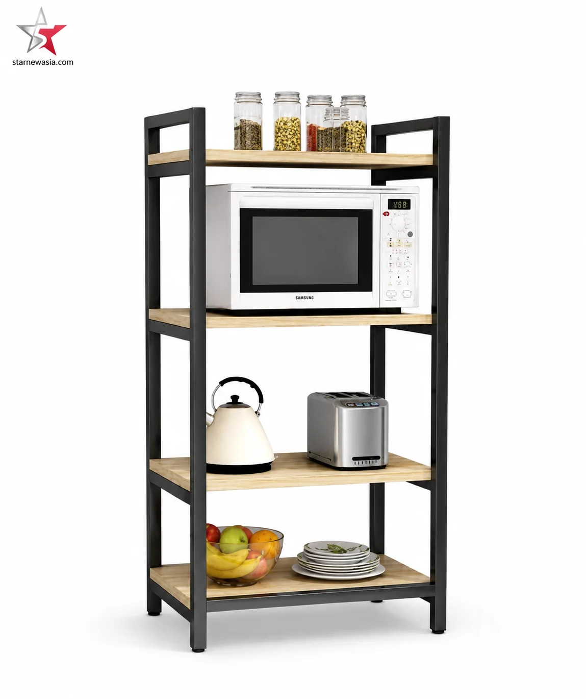 starnewasia.com watermark on an industrial wood metal bookshelf with a bold black steel frame and four natural light-wood grain open shelves.