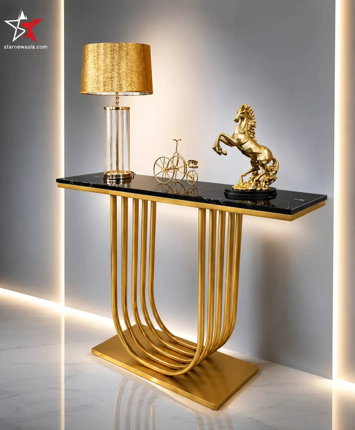 Luxury Black Marble Console Table with U-Shaped Gold Base - Image 4