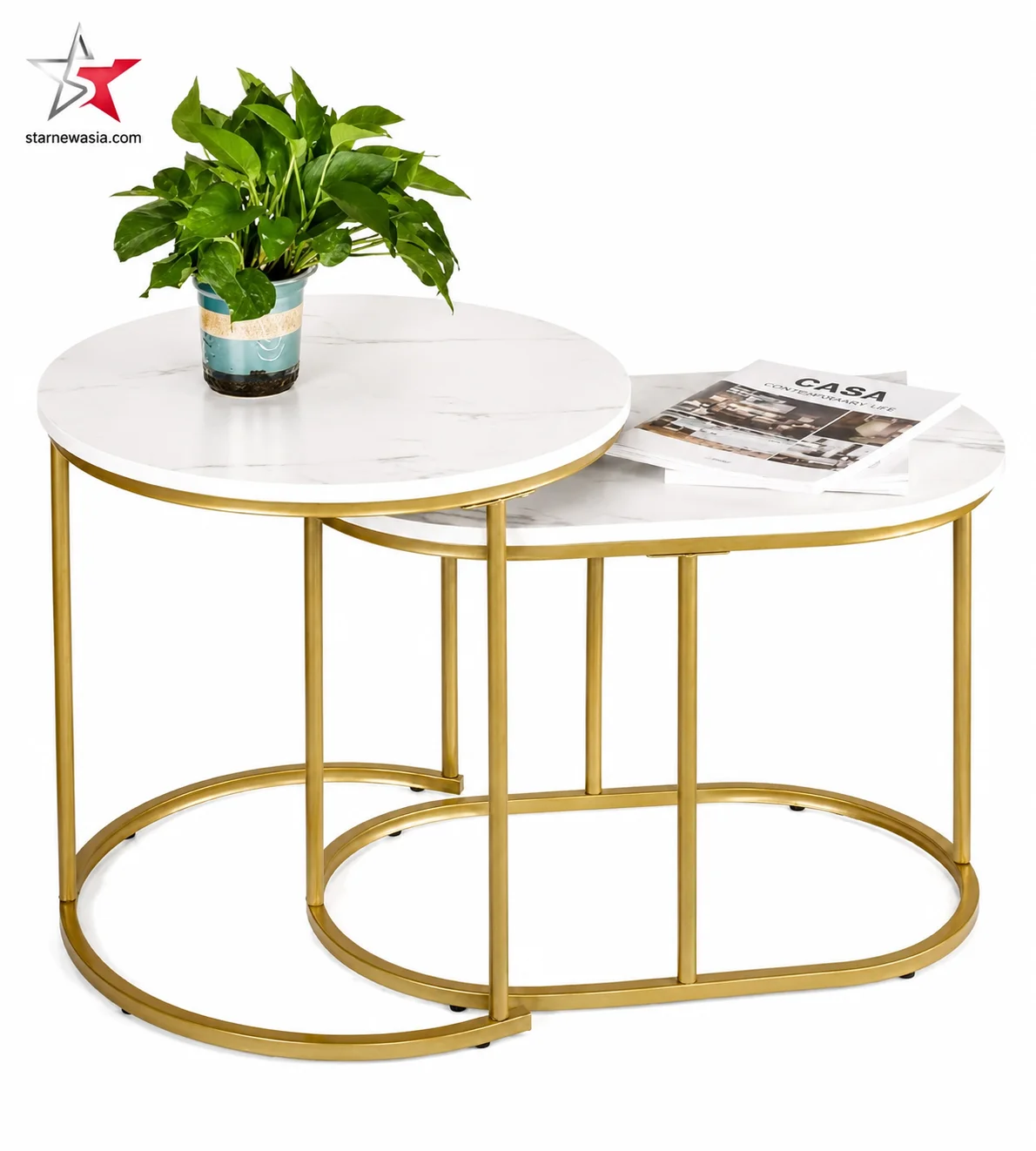 starnewasia.com watermark on a luxury nesting coffee table set with white stone-textured tops and round gold metal frames, styled with a green potted plant and a magazine.
