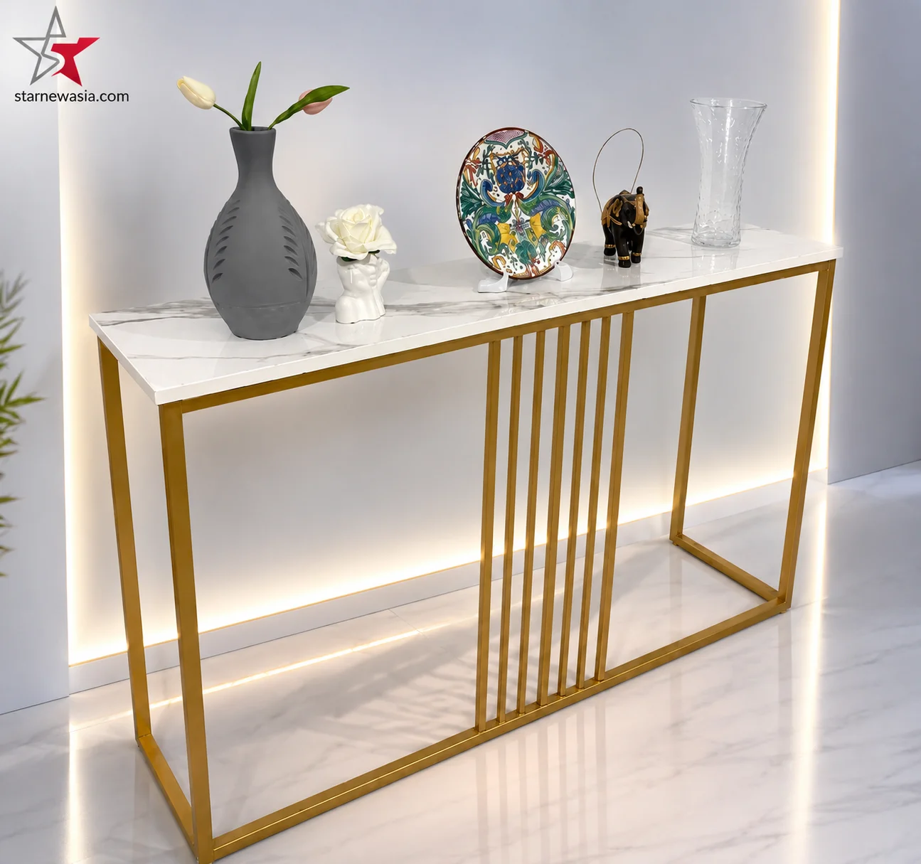 Luxury White and Gold Cross-Leg Console Table with Drawers - Image 2