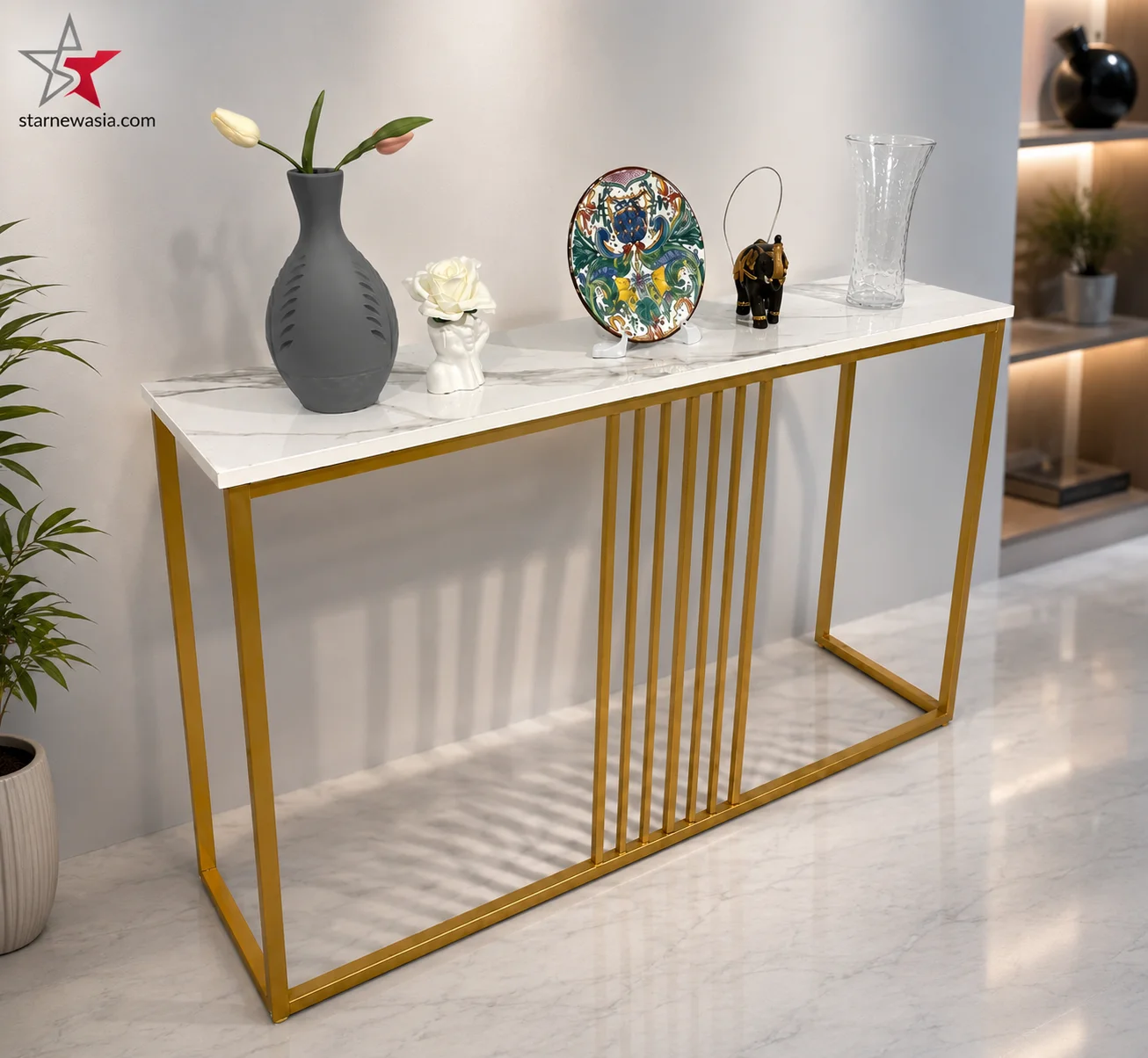 Luxury White and Gold Cross-Leg Console Table with Drawers - Image 4