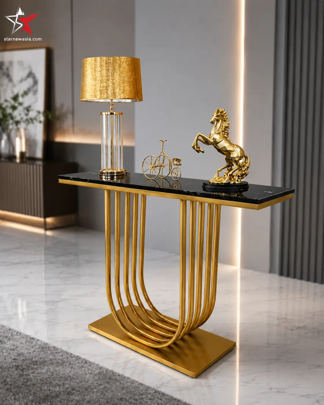 Luxury Black Marble Console Table with U-Shaped Gold Base - Image 2