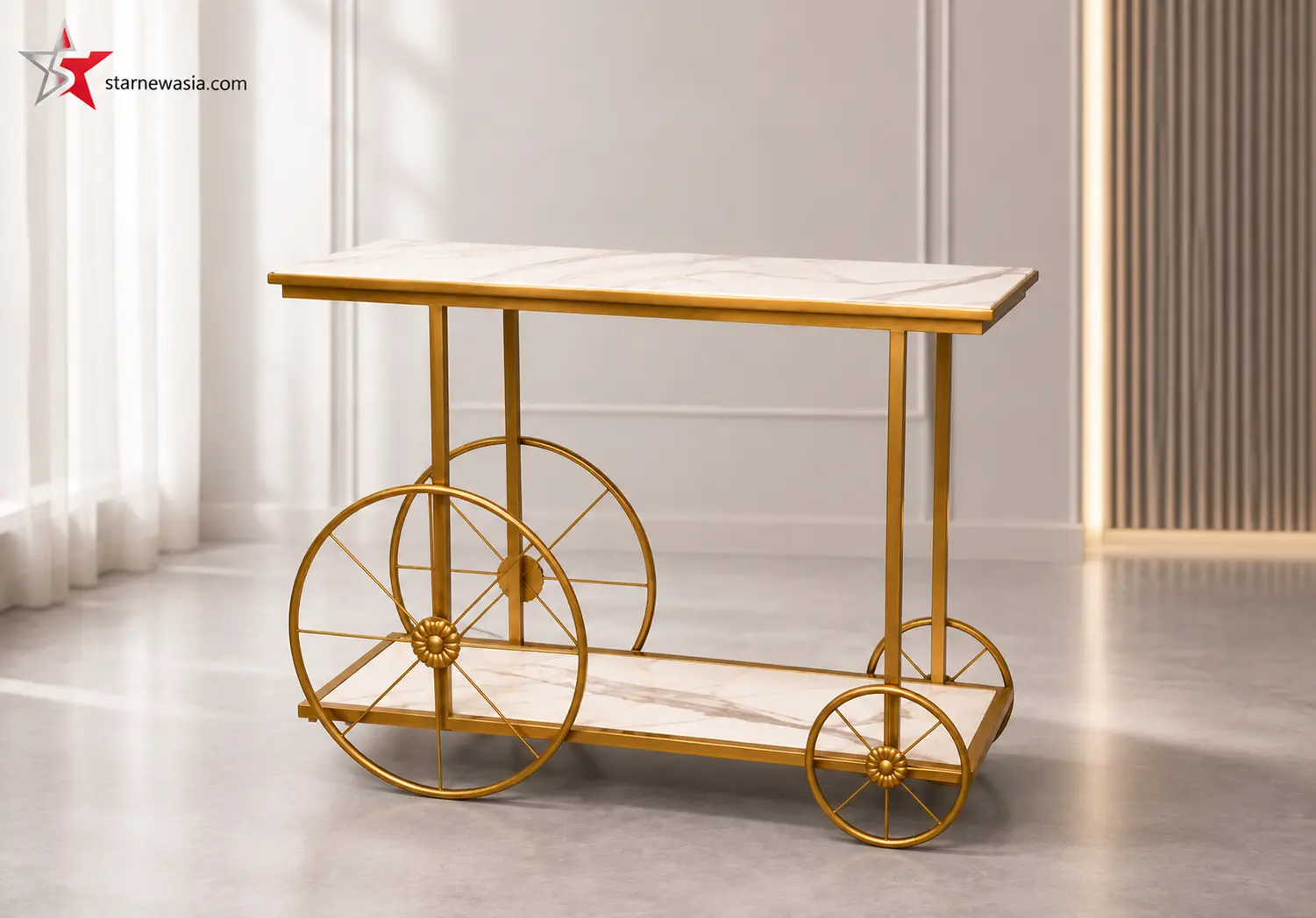starnewasia.com watermark on a luxury gold serving cart with double white stone-patterned tiers and large decorative spoke wheels, styled with geometric vases and roses.